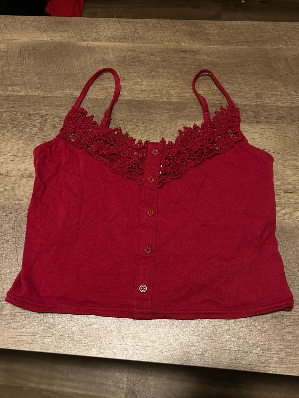Red Lace-Trim Button-Front Cami Crop Top — Size Medium